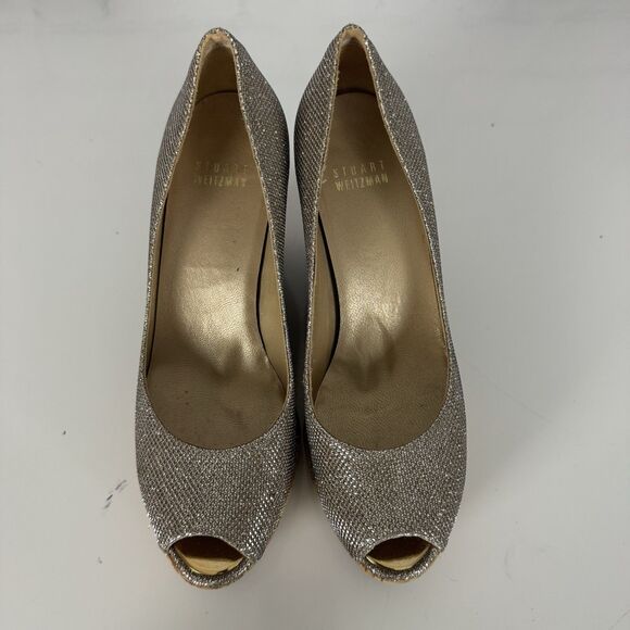 Stuart Weitzman Anna Wedge Women 6 Silver Glitter Cork Platform Peep Toe Pumps - Picture 5 of 15